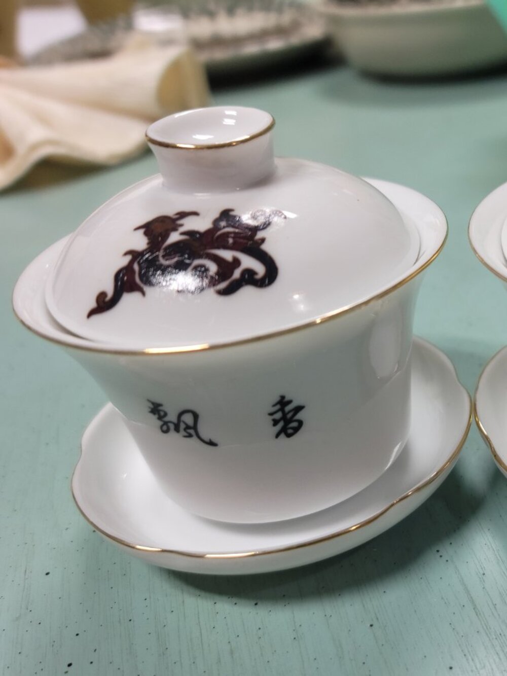 Japanese Gaiwan Dragon Traditional Chinese Sancai Tea Cup Saucer Pair w/Lids